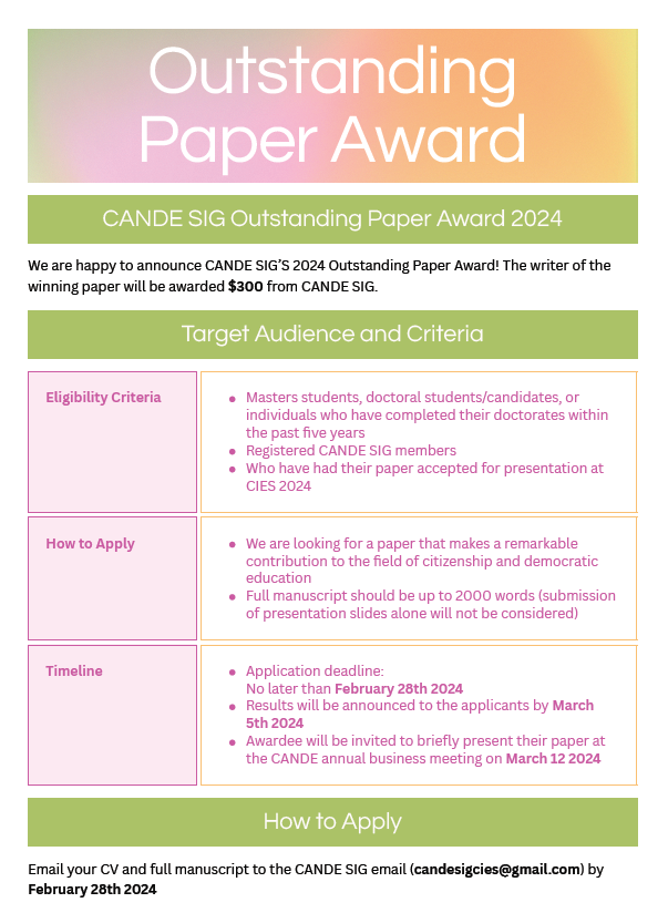 CANDE SIG (@candesig) on Twitter photo We are excited to announce our 20204 Outstanding Paper Award 🤩
Eligible candidates may apply by February 28th - email us at candesigcies@gmail.com to apply! We are excited to announce our 20204 Outstanding Paper Award 🤩
Eligible candidates may apply by February 28th - email us at candesigcies@gmail.com to apply!