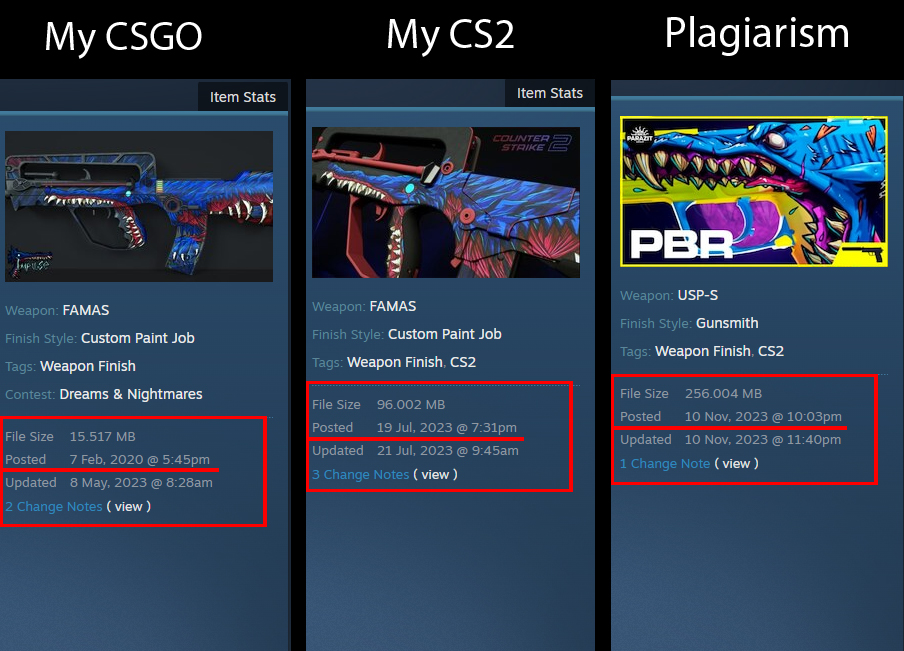 <a href="/valvesoftware/">Valve</a>, you approved plagiarism of my work in #cs2. If I understand correctly - now artists don’t have to think about the exclusivity of their art? We can just take popular art, redraw it and you will approve it?

I hope for the community's support <a href="/CounterStrike/">CS2</a>!