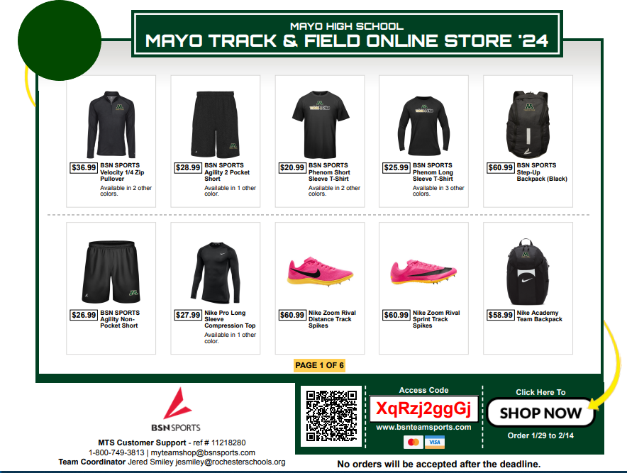 2024 Mayo Track and Field clothing store is now open through March 8th! Get yours while you can! 
 bsnteamsports.com/shop/XqRzj2ggGj
