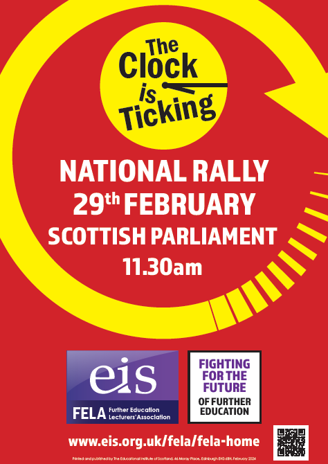 Join us for a rally outside Scottish Parliament at 11.30am on the 29th February. 

This rally marks the first day of national strike action across Scotland's colleges following our successful re-ballot.

The clock is ticking...Fund FE NOW!