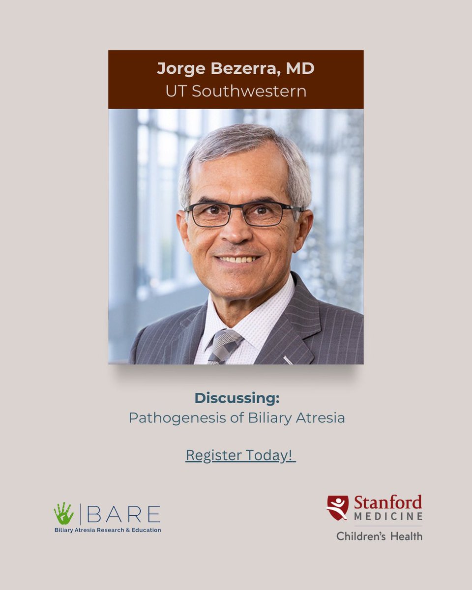 Join us at @StanfordChild on 5/10-5/11 as Dr. Jorge Bezerra from @utswmed discusses the pathogenesis of #biliaryatresia!

Register for the event by clicking below:

bareinc.org/event-details/…

#bare #research #education #community #baresymposium #biliaryatresia