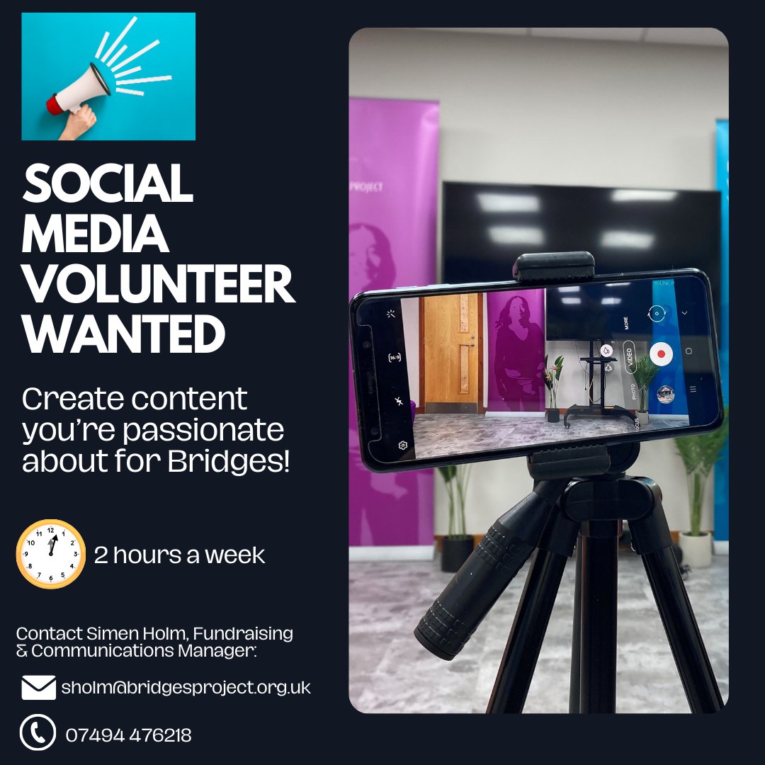 📢We're looking for a young person aged 12-25 to become our Social Media Volunteer!

The Social Media Volunteer will commit 2 hours a week to create content they're passionate about for Bridges Project's social media platforms 🤳

📨DM us for more info ☺️

#YouthLed #PowerOfYouth