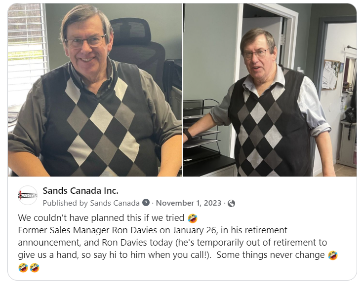 SandsCanada's tweet photo. Bringing this back today...
 
 Sadly - he did NOT wear the sweater vest for the occasion this time! Today is Ron Davies's re-retirement 😆so be sure to wish him well (again) when you call! 
 
 Still disappointed he didn't wear the sweater, though...😜 https://t.co/E4lGW0vGsN