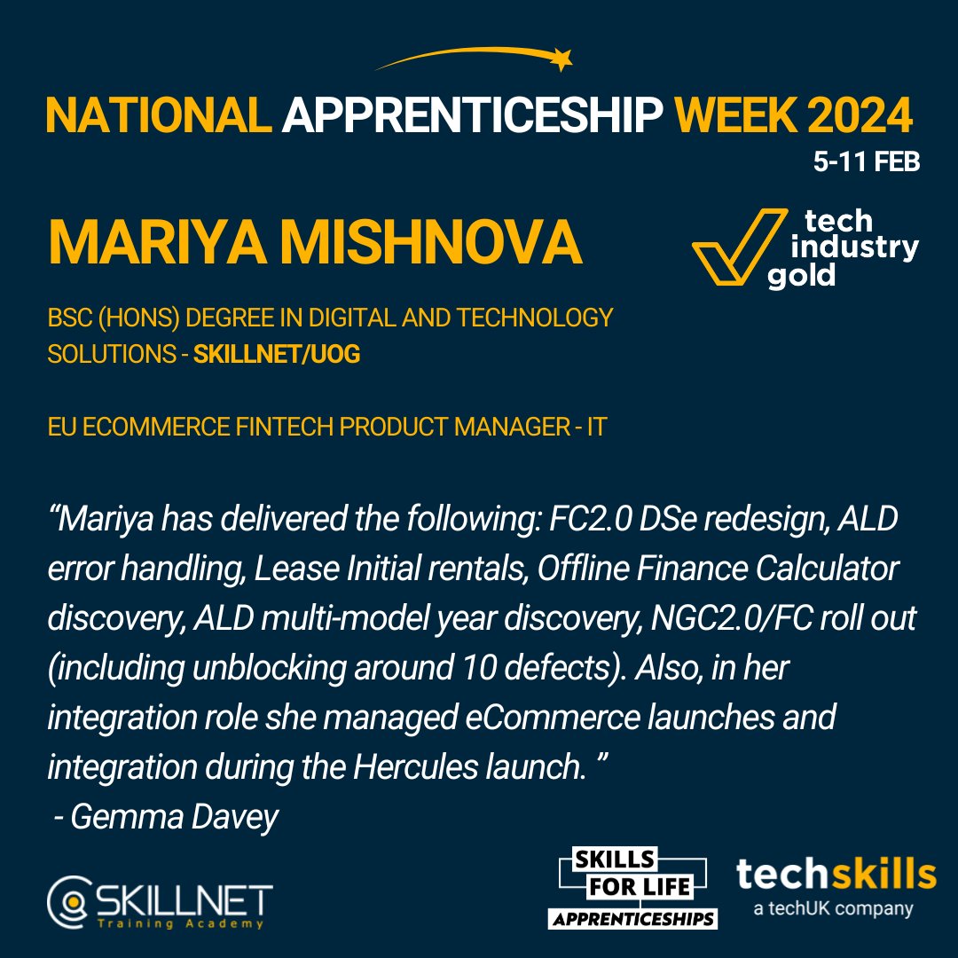 Congratulations to Mariya Mishnova from Skillnet. Working as an EU Ecommerce FinTech Product Manager. Nominated by Gemma Davey for delivering a huge suite of solutions; ALD Error Handling, Offline Finance Calculators, ALD Multi-model year discovery and integration projects!