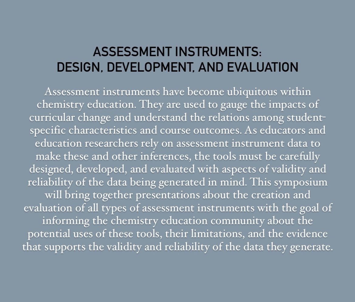 Attending #BCCE2024? Worked with an assessment instrument in #CER? Consider submitting an abstract to the “Assessment Instruments: Design, Development, and Evaluation' symposium, organized by #Twitterless Jack Barbera and me! Abstracts due Feb 28. Details: bcce.divched.org/symposia