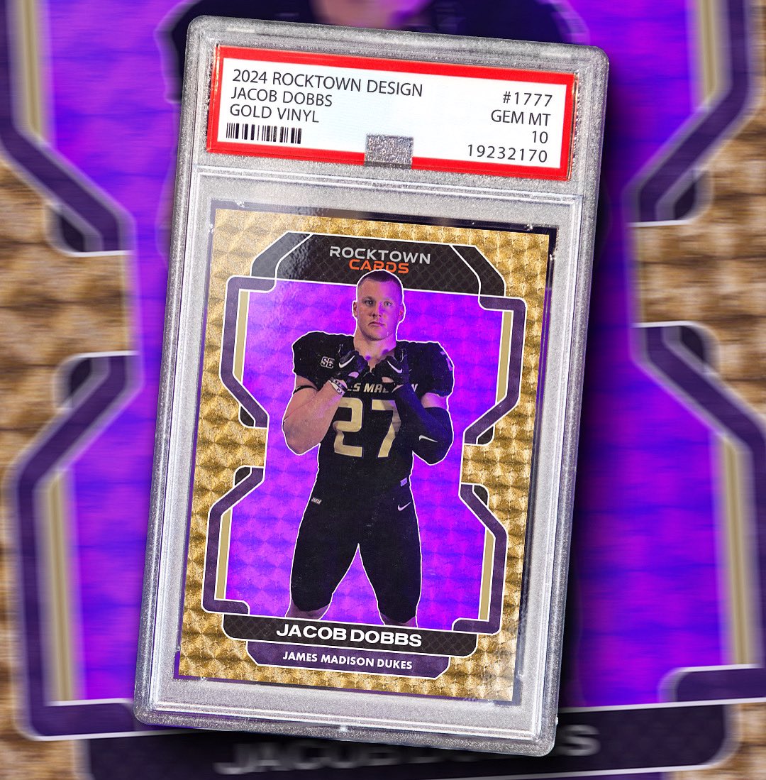2024 Rocktown Cards Gold Vinyl of new <a href="/jmu_football/">JMU Football</a> linebacker Jacob Dobbs. Dobbs is transferring in from Holy Cross. This veteran linebacker will make a strong impact on this nasty JMU Defense. Welcome, <a href="/JLDobbs5/">Jacob Dobbs</a> Go Dukes!