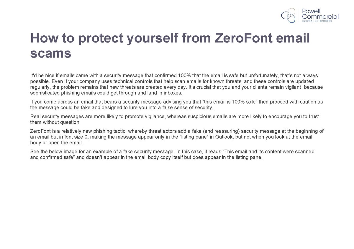 PowellCommLtd's tweet photo. How to protect yourself from ZeroFont email scams.  This article contains general information and guidance only and may be superseded and/or subject to amendment without further notice. Please click on the individual images for more information. #ScamAware #ProtectingYourBusiness https://t.co/b3teANlpVw