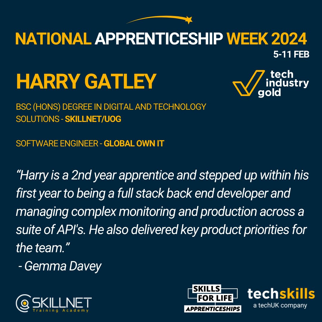 Congratulations to Harry Gatley of Skillnet. Working as a Software Engineer. Nominated by Gemma Davey for becoming a full-stack back-end developer and managing complex monitoring and production across a suite of API's.