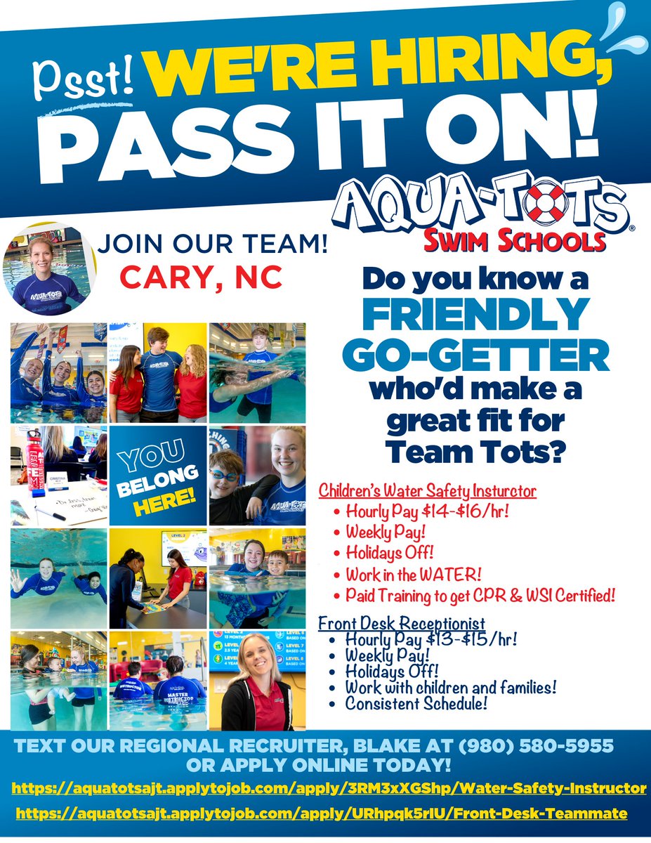 GL_Careers's tweet photo. Aqua Tots Swim School in Cary is hiring! @GreenLevelHigh @G_L_PTSA @gatorseye @GLHS_StdentSvcs @ghhscareers https://t.co/PZ2y0pA9EN
