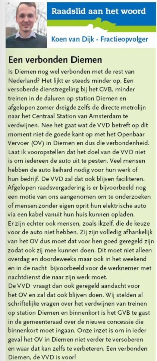 Goed OV is belangrijk maar sommige mensen hebben ook keihard de auto nodig. In een column voor <a href="/DiemerNieuws/">DiemerNieuws</a> beschrijf ik hoe de <a href="/VVDdiemen/">VVD Diemen</a> zich inzet op deze onderwerpen!