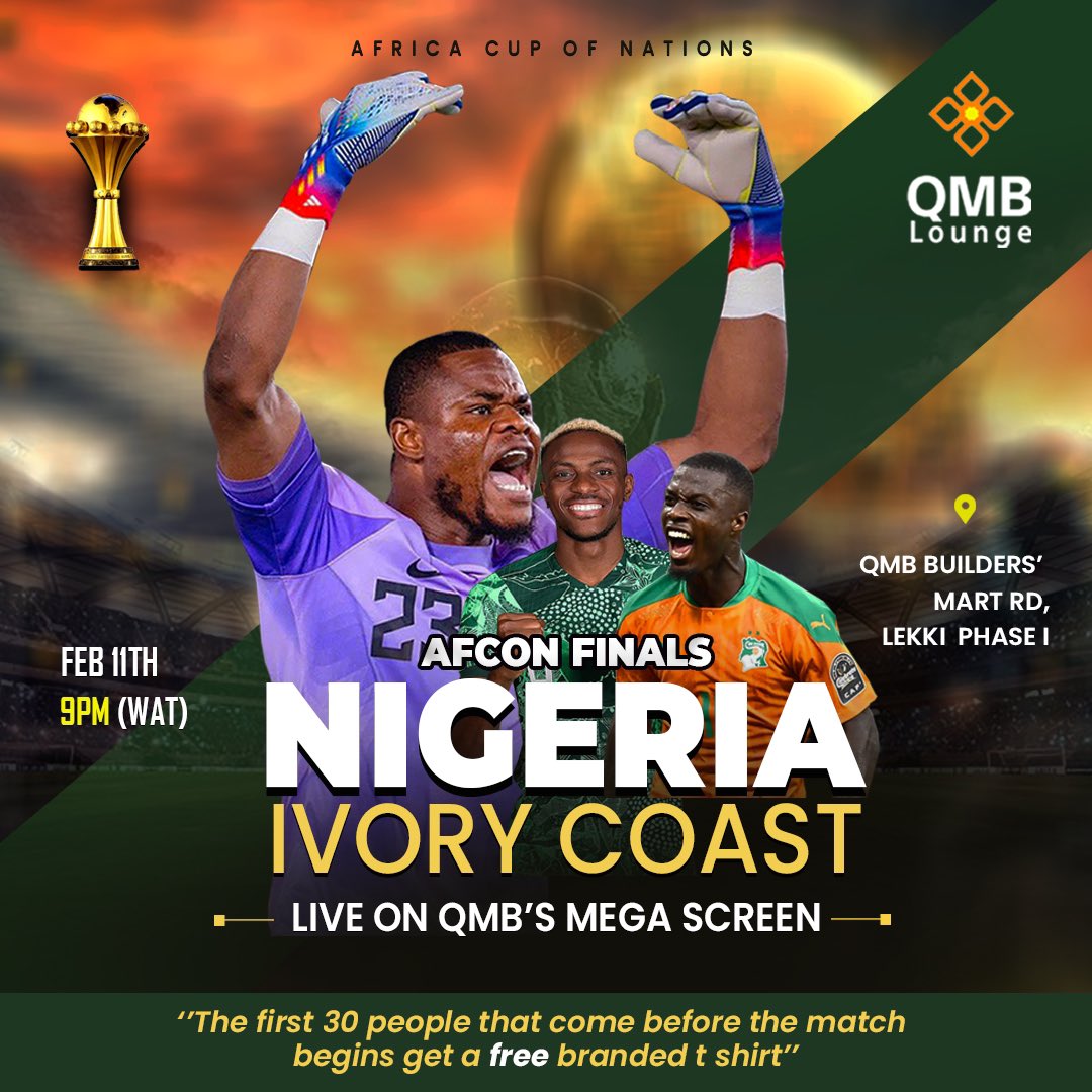 QMBHypermart's tweet photo. 🏆Don't miss the electrifying AFCON final showdown between Nigeria and Ivory Coast, showing on our Big Screen this Sunday at 9 PM! 

Also, be among the first 30 viewers to arrive and snag a FREE branded shirt! Let's cheer our team to victory together! ⚽🇳🇬 

#AFCON2024 https://t.co/VNWmiZWHbL