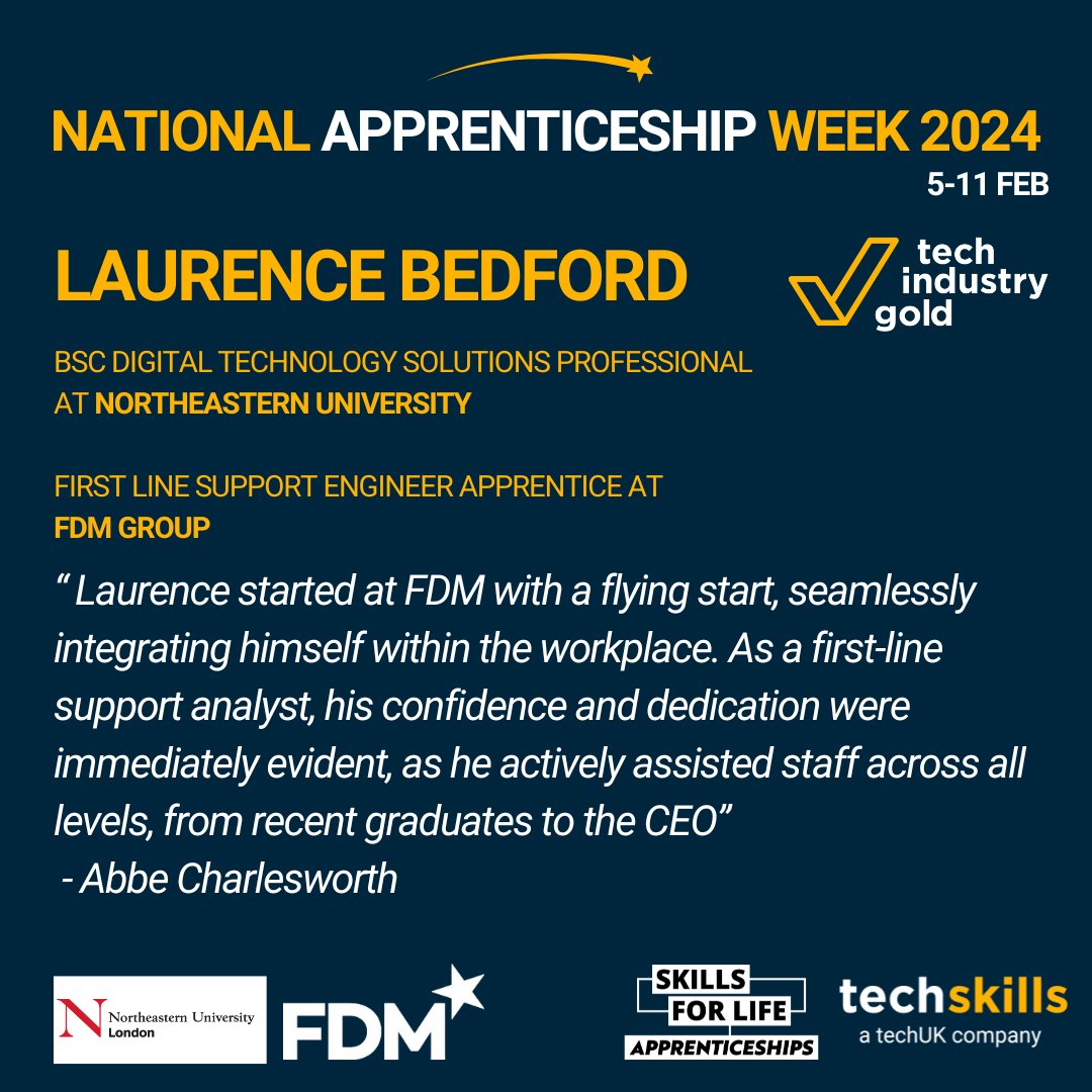 Congratulations to Laurence Bedford, studying at Northeastern University London and working as 1st Line Support Engineer at FDM Group. Nominated by Abbe Charlesworth for your flying start at FDM, seamlessly integrating into the workplace. You have assisted staff at all levels!