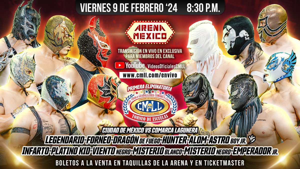 ¡Llegó el momento del #TorneoDeEscuelasCMLL! La Ciudad de México y La Comarca Lagunera se miden en busca del boleto a la gran final 📍Arena México 🕣 8:30 p.m. 🎟️ en taquillas y en: ticketmaster.com.mx/artist/1156538 📺 Transmisión en vivo: cmll.com/envivo #ViernesEspectacularCMLL