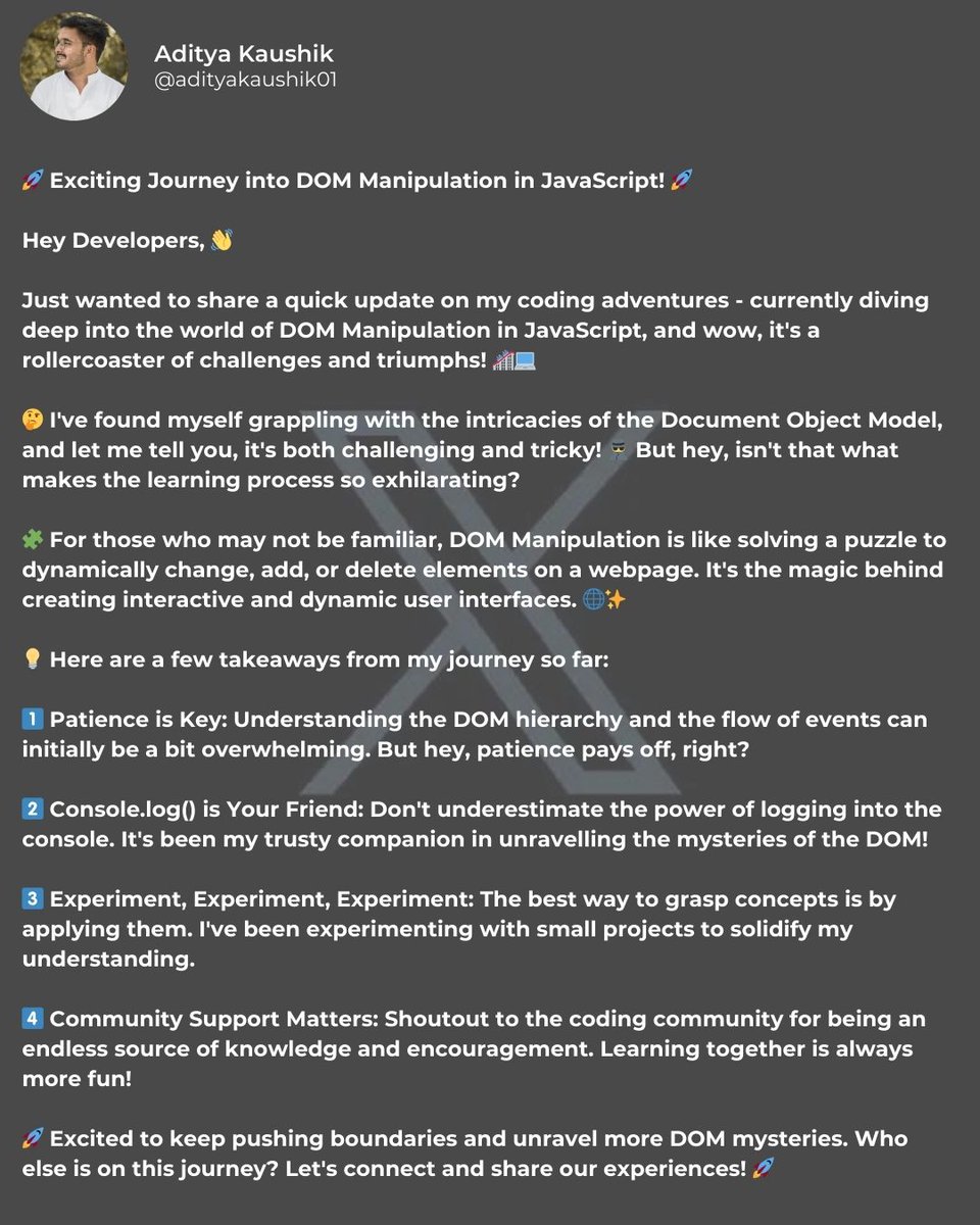 #DOMManipulation #JavaScript #CodingJourney #WebDevelopment #LearningTogether #TechAdventures #twitter #twittercommunity #twittermarketing #twitternetworking