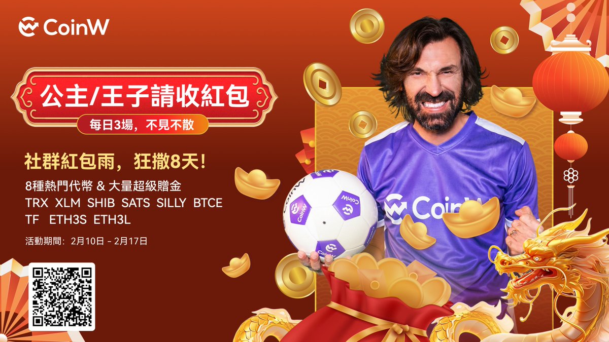 CoinW紅包雨 🧧 狂撒8天送不停
新的一年，一起感受「龍」華富貴 💜

CoinW將在官方社群發放熱門代幣和超級贈金紅包，還有新用戶專屬福利，快與親朋好友一起享受新年空投！

⏰ 2/10 0:00 - 2/17 24:00 (UTC+8)
立即加入CoinW官方社群 👉 coinw.zendesk.com/hc/zh-tw/artic…

#CoinW #CoinWxPirlo #龍年大吉