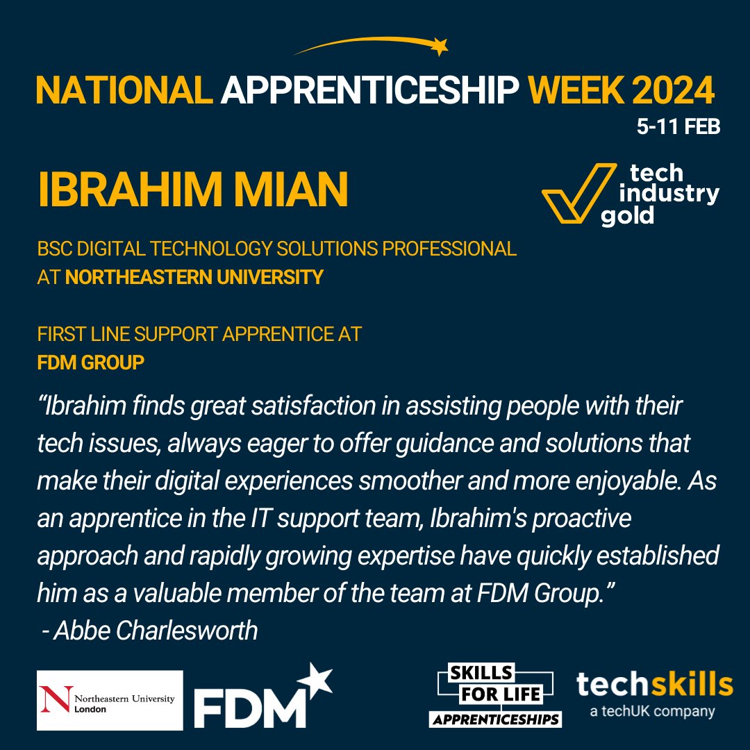 Congratulations to Ibrahim Mian, studying at Northeastern University London and working as 1st Line Support Apprentice at FDM Group. Nominated by Abbe Charlesworth for your proactive approach and growing expertise, that have established you as a valuable member of the team!