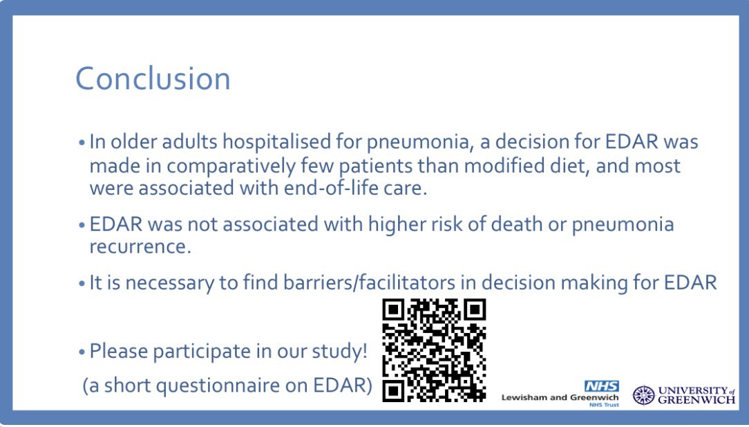 Grateful for the opportunity to share our studies on how we deal with aspiration pneumonia, and our initial retrospective feasibility study on EDAR in older adults.

Hopefully next time we’ll be sharing the qualitative and quantitative phases of our EDAR project!

#UKSRG <a href="/UKSRG2/">UKSRG</a>