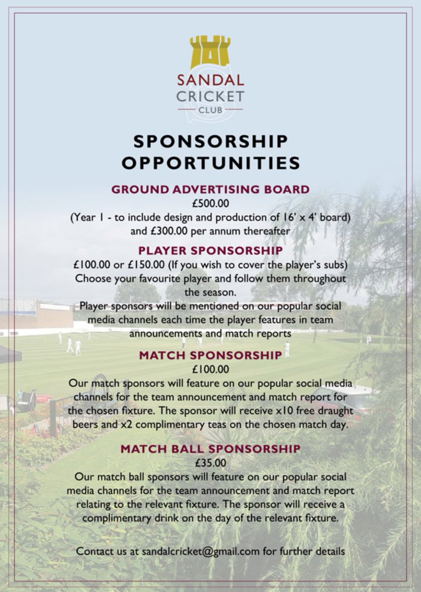 Sponsorship opportunities this season at Sandal CC 📝

We have a range of different sponsorship plans to get involved with at SCC to match every budget, whether it’s for you or your business.

Get in touch with us to find out more!

#UpTheRoyal