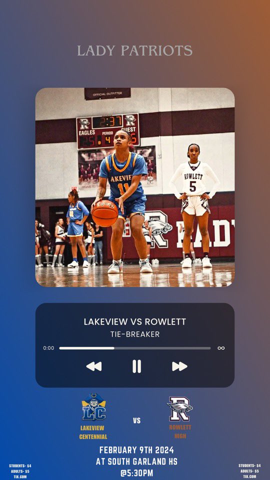 GAME DAY!!!!!! It isn’t just any day, it’s a TIE-BREAKER GAME DAY! Come out and support our Lady Patriots as we strive for the best and play with heart against Rowlett HS @5:30PM at SOUTH GARLAND HS! Bring all the support you can! We hope to see you there! 🏀⭐️ #WEARELC