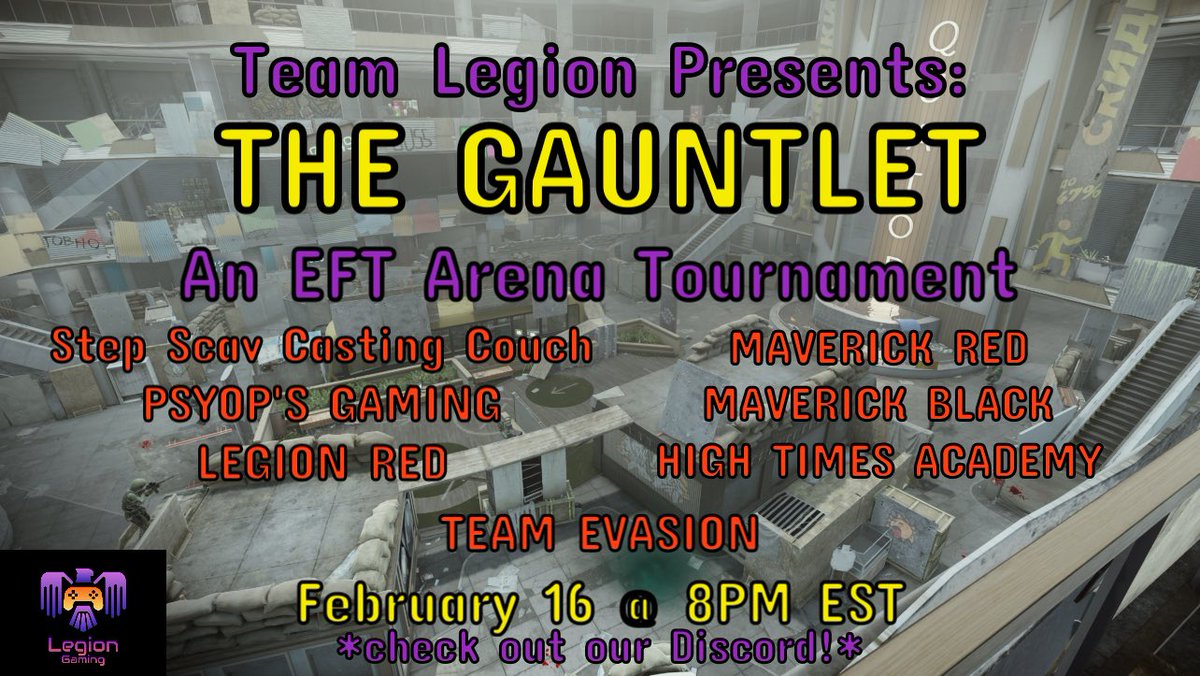 🚨TOURNAMENT ANNOUNCEMENT🚨

WE HAVE 6 DAYS LEFT UNTIL REGISTRATION ENDS! SIGN UP ASAP! AND PLEASE MAKE SURE ALL TEAM MEMBERS HAVE THE CONTESTANT ROLES IN OUR DISCORD TO HAVE ACCESS TO THE VOICE CHANNELS

#EscapefromTarkov #EscapeFromTarkovArena #tarkovarena #esports #tournament