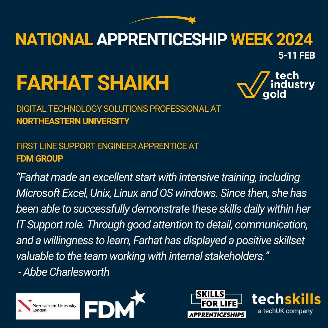 Congratulations to Farhat Shaikh, studying at Northeastern University London and working as 1st Line Support Engineer Apprentice at FDM Group. Nominated by Abbe Charlesworth for your attention to detail, communication and willingness to learn. You are valuable to the team!