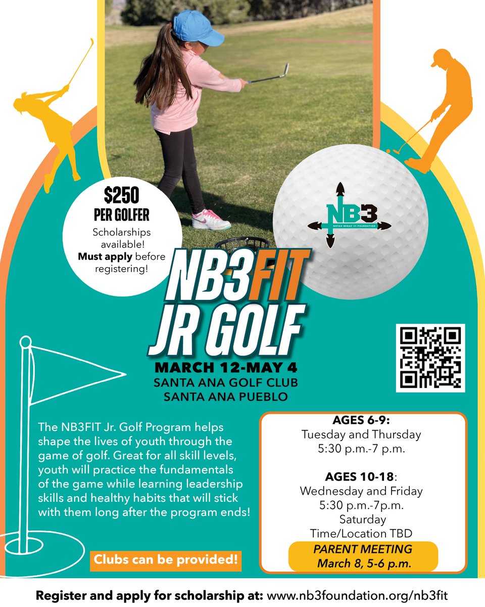 NB3FIT Jr Golf⛳ is back in March! We hope to see your youth on the course this spring! Register: ow.ly/ezTC50Qzmqk Apply for scholarship (must apply before registering) : ow.ly/6NCl50Qzmql #NB3F #NB3FIT #JrGolf #HealthyKidsHealthyFutures