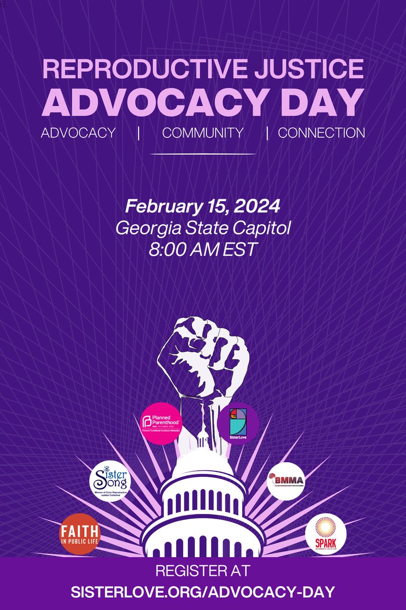 Ready to lead the change? 🗓️ Feb 15, 2024, is #ReproductiveJustice Advocacy Day at the GA State Capitol! Sessions, panels, + more with SisterLove, Senator Kim Jackson, and Rep Park Cannon. Training, talks, and tasty eats! (Yep, veggie too! 🌱) Join @ sisterlove.org/advocacy-day✊🏾