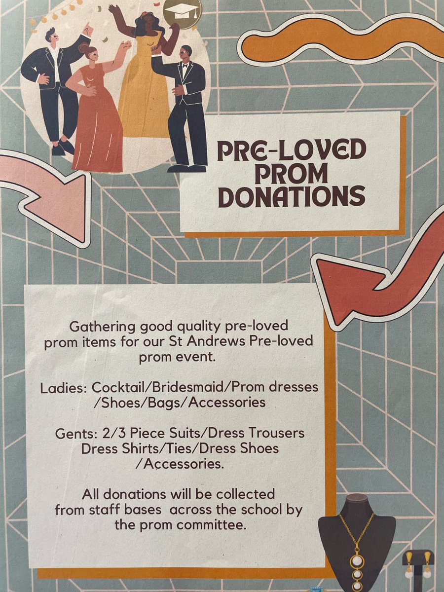 🪩🎉Can you help??🪩🎉 Donations required for our Preloved Prom Event 👗💃👜👛👡👠💍 Ladies dresses/accessories/shoes/bags 🕺👞👞👔👔🕺🕴🏻Gents suits/shirts/ties/shoes/accessories. Items can be sent in with pupils or handed to school office @MrsHarkChem @HelpMeMrsG @StAnds4Sustain