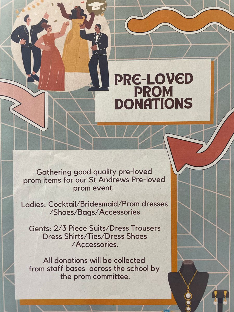 🪩🎉Can you help??🪩🎉
Donations required for our Preloved Prom Event 👗💃👜👛👡👠💍
Ladies dresses/accessories/shoes/bags
🕺👞👞👔👔🕺🕴🏻Gents suits/shirts/ties/shoes/accessories. Items can be sent in with pupils or handed to school office <a href="/MrsHarkChem/">MrsHarkChem</a> <a href="/HelpMeMrsG/">Mrs Greeves</a> <a href="/StAnds4Sustain/">St Andrew’s for Sustainability</a>