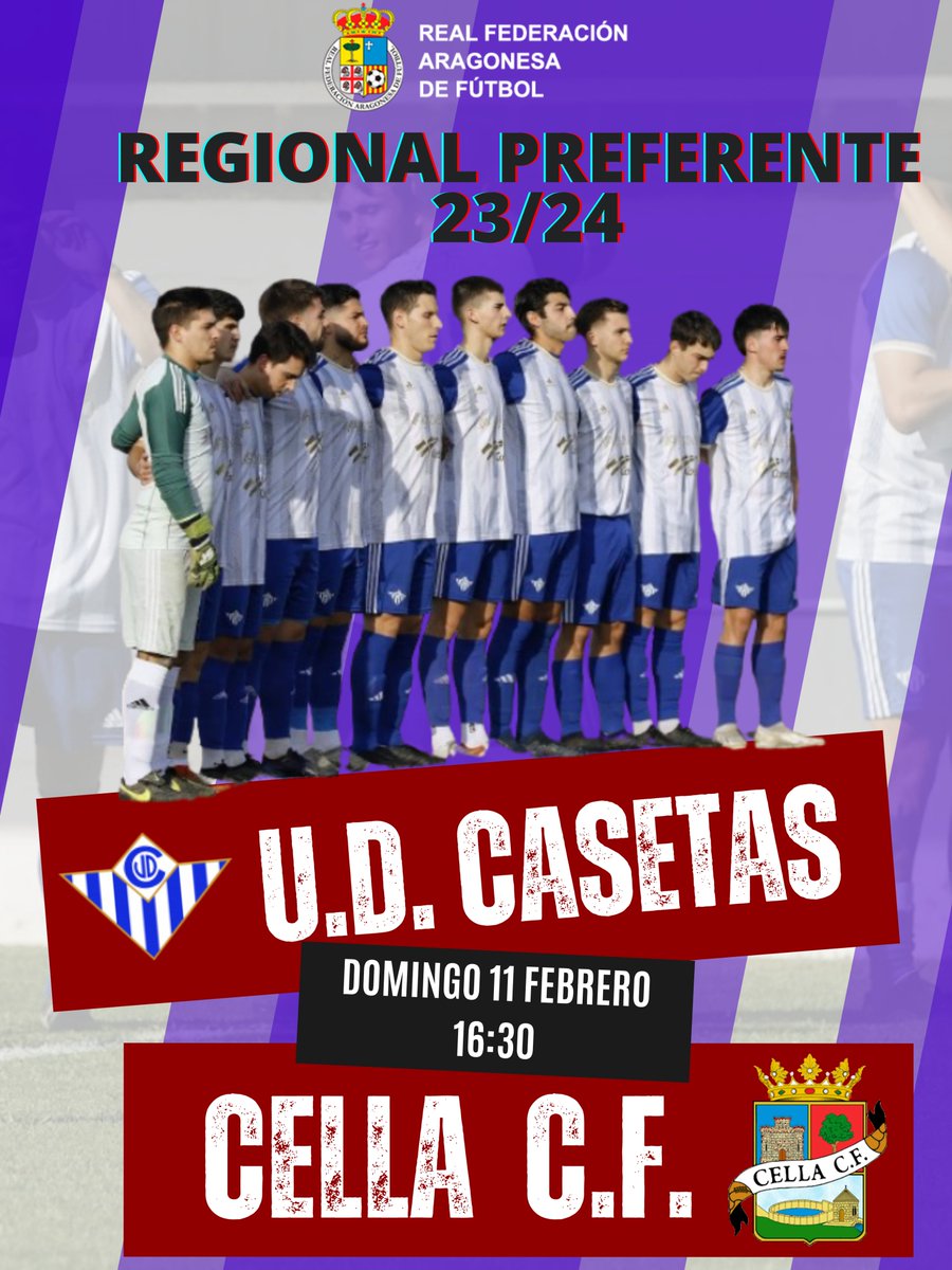 ⚔️ Una nueva batalla con vosotros, AFICIÓN!!
<a href="/udcasetas/">Unión Deportiva Casetas</a> 🆚Cella C.F.

🏟️C.F.M. San Miguel
🗓️11 Febrero
⌚️16:30

📈Nuestros chicos defienden la 3ª posición con hambre, ambición y ganas de seguir creciendo en la temporada. 

🗣️OS NECESITAMOS AFICIÓN