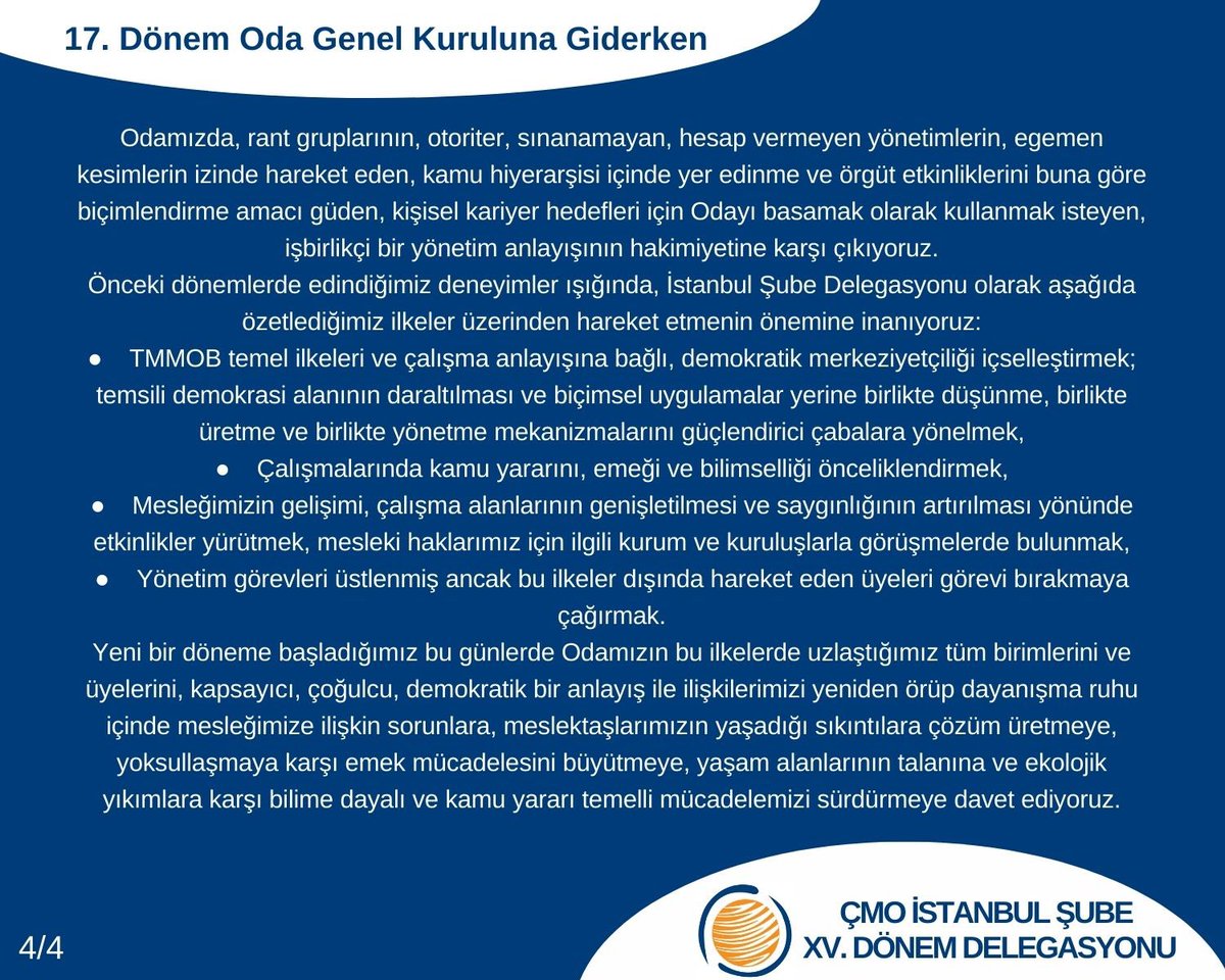 ÇMO İstanbul Delegasyonunun Oda Genel Kurulu’na ilişkin açıklamasını paylaşıyoruz. #BuDavetBizim