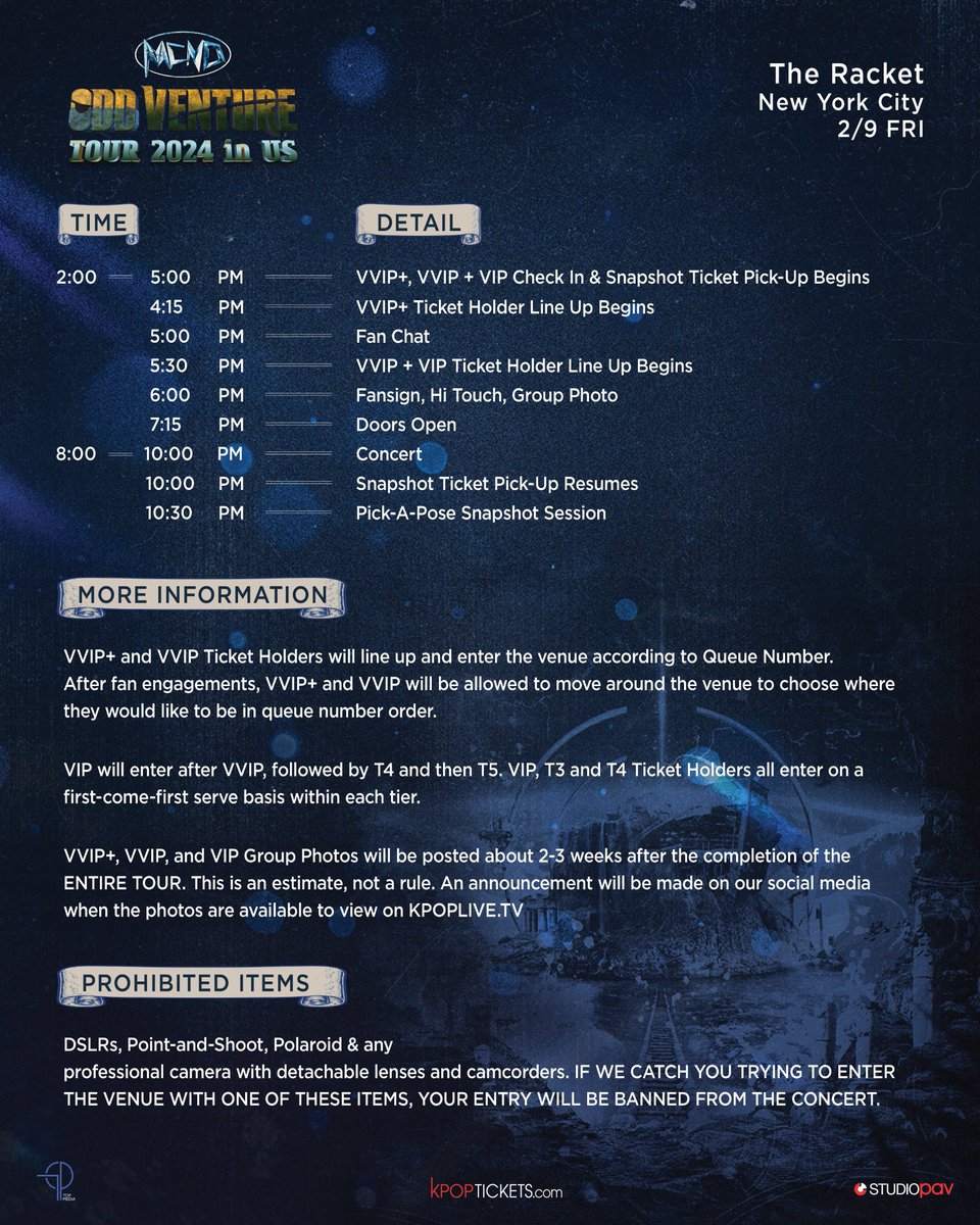 studio_pav's tweet photo. New York #GEM 💎 save your Concert Day Schedule! 

If you’re a VVIP+ / VVIP / VIP or Snapshot Ticket Holder, you can check in between the designated time!

If you cannot find your ticket(s) in your email, a staff member will help you on the day of the show! 🎟️

#MCND #엠씨엔디 #ODD_VENTURE #오드벤처 #MCNDinUSA