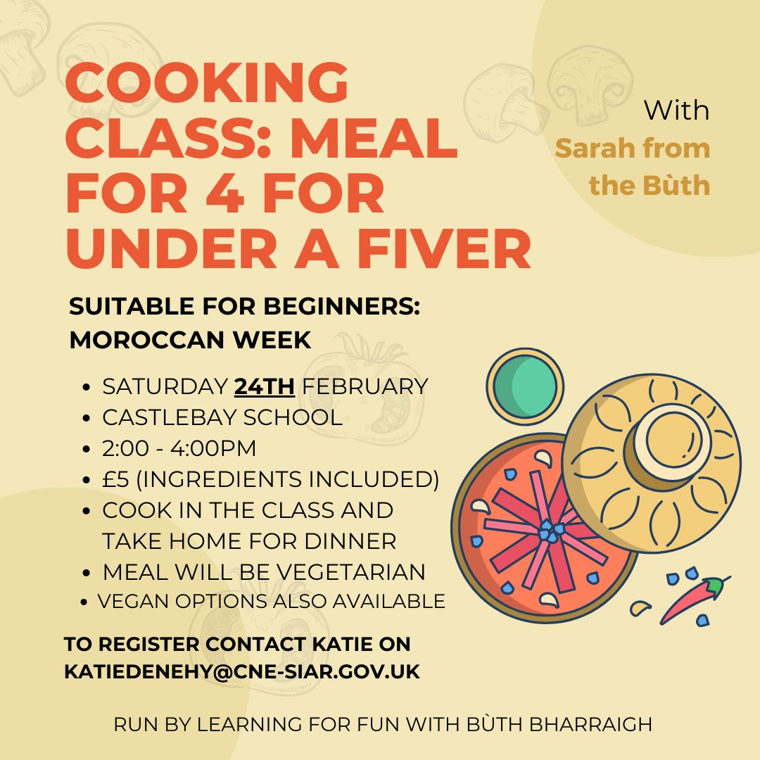 ButhBharraigh's tweet image. POSTPONED THIS SATURDAY
Now on 24th February. you will be making a couscous salad and a vegetable tagine.
Make the meal and then take it home to feed your family or to freeze and enjoy at a later date. It is an excellent deal and great fun.
#communityclasses #lifeskills