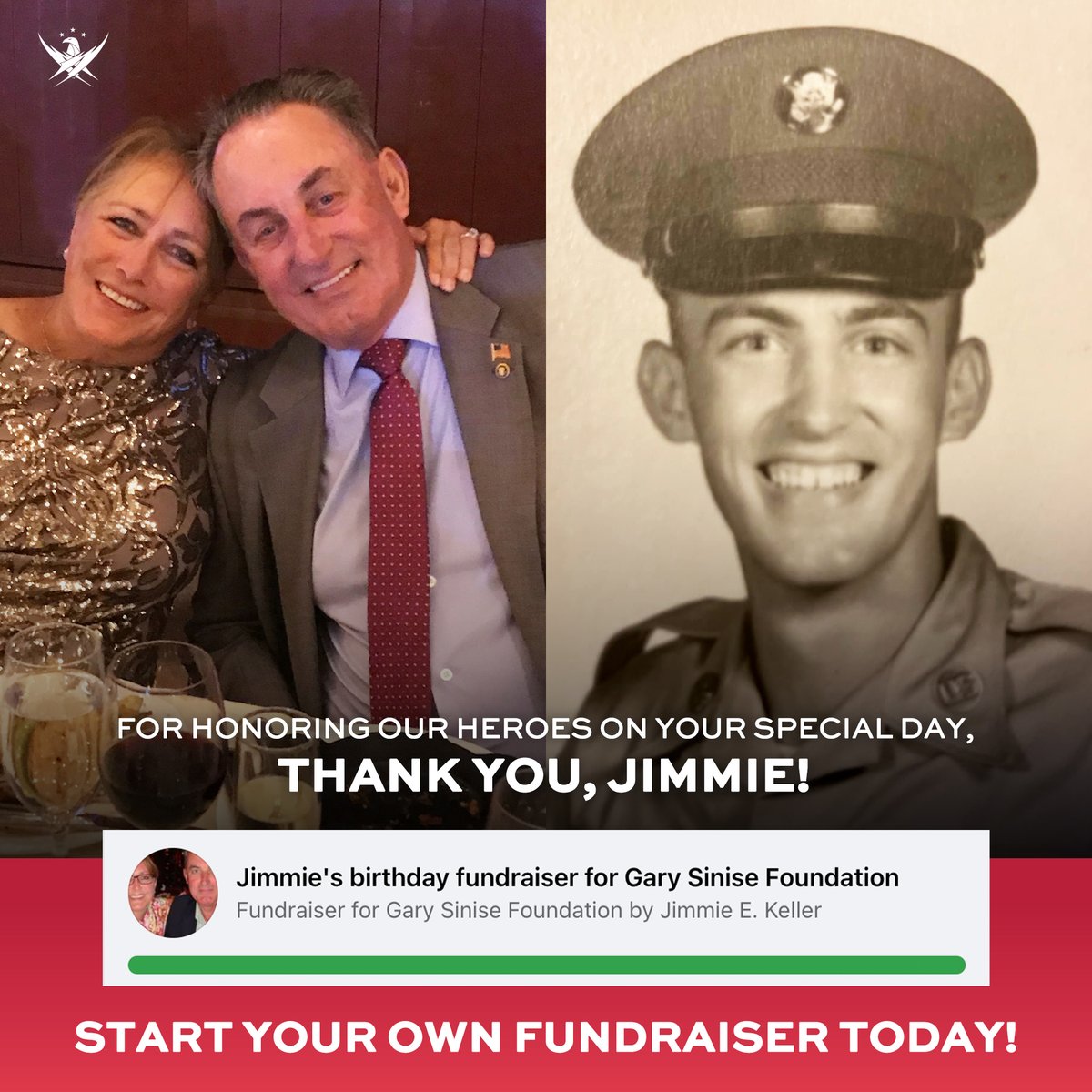 On #FundraiserFriday, we shine a light on U.S. Army Veteran Jimmie E. Keller, who created a birthday fundraiser on Facebook! Selfless moments like this by our supporters mean so much to us and @GarySinise. Start your own GSF fundraiser: bit.ly/48ShGVJ