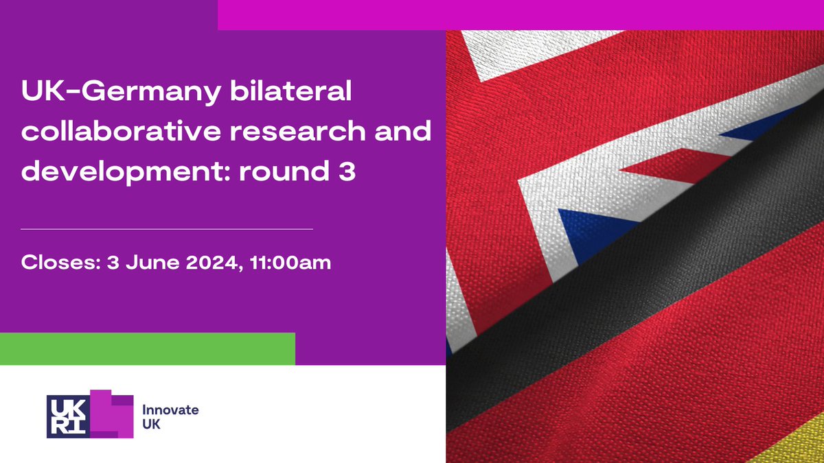 NEW <a href="/innovateuk/">Innovate UK</a> GRANT FUNDING OPPORTUNITY: 🇬🇧🇩🇪UK-Germany bilateral collaborative R&amp;D - apply for a share of up to £4m for innovative #EmergingTech projects. 
Applications encouraged from future telecommunications sector.
Apply now: …for-innovation-funding.service.gov.uk/competition/18…