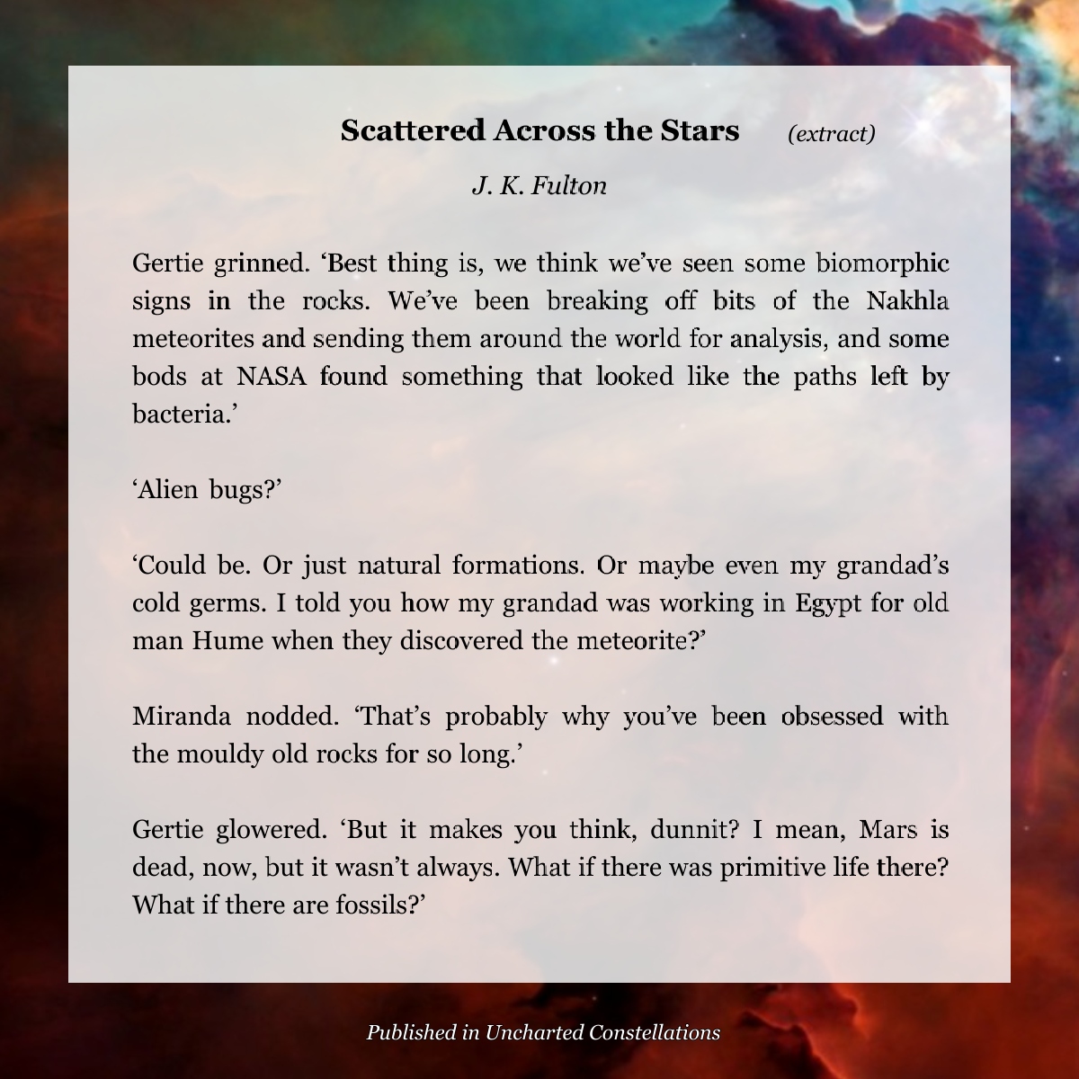 The second part of <a href="/johnkfulton/">John K. Fulton</a>’s SCATTERED ACROSS THE STARS is set #OTD in 1992 and features otherworldly rocks, the search for sentient life and a meteorite from Mars that may be carrying 'space bugs'... ☄️👾🪨

Read the full story in #UnchartedCons:
spacecatpress.co.uk/shopfront/unch…
