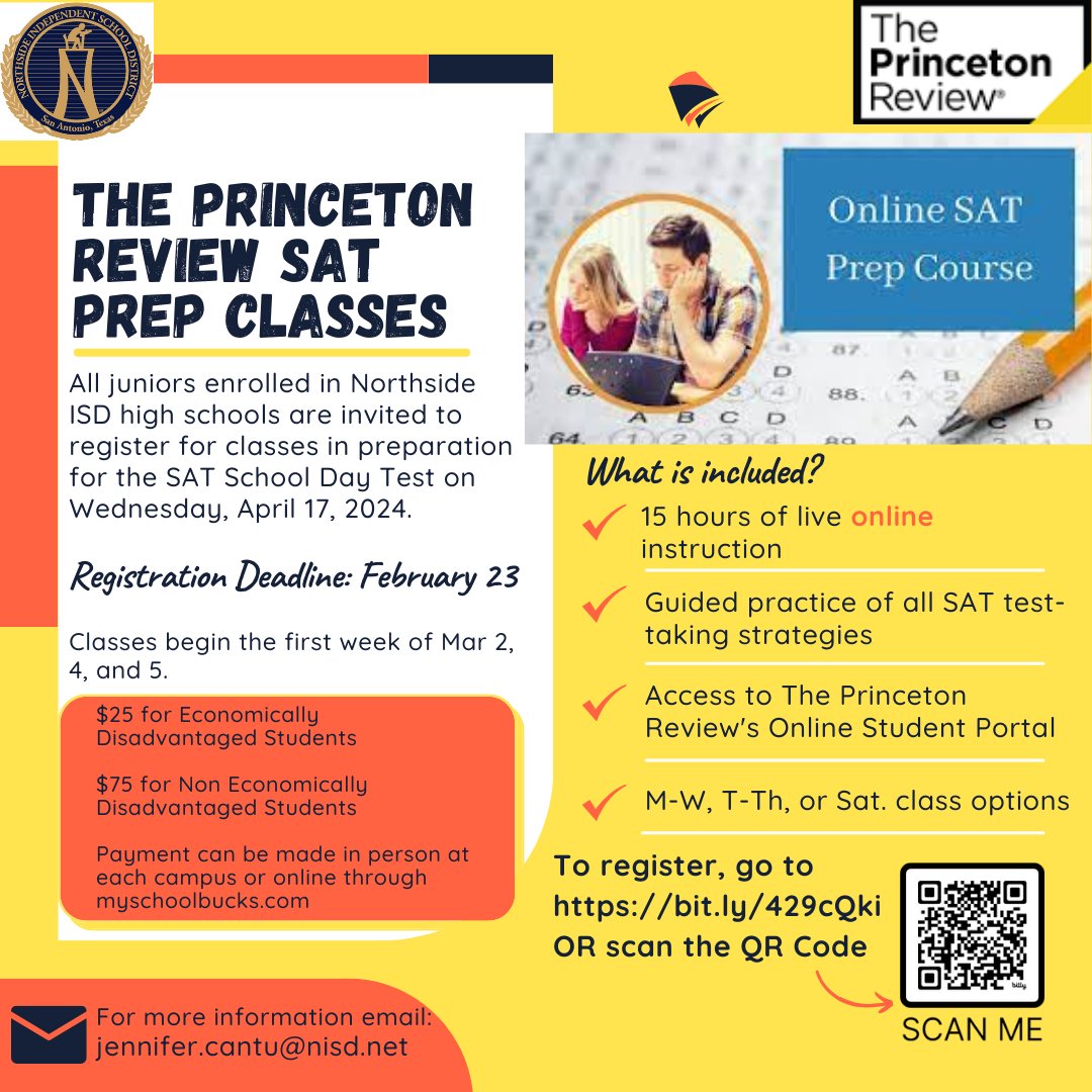 🗣️Attention juniors, now is your chance to register for SAT Prep courses 📔in preparation for the SAT School Day Test taking place on April 17, 2024📅! Don't miss your chance to receive guided practice of all SAT test-taking strategies! @geriberger08 @Bronco_Guidance