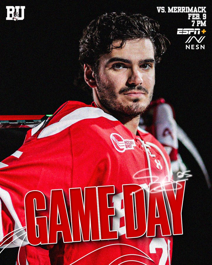 Game day graphic featuring posed photo of Sam Stevens. BU vs. Merrimack, Feb. 9, 7 PM on ESPN+ and NESN