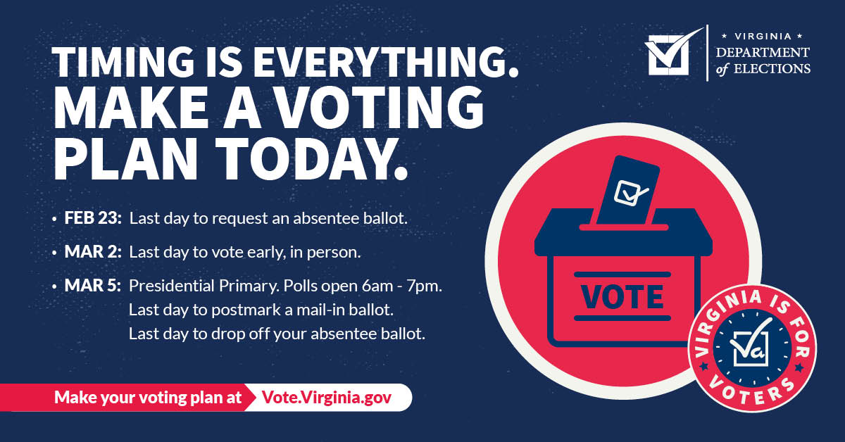 The 2024 Presidential Primary is less than a month away. Visit Vote.Virginia.gov for details. Be sure to mark your calendar with these important dates and make a voting plan. #VaElections2024 #VaisForVoters