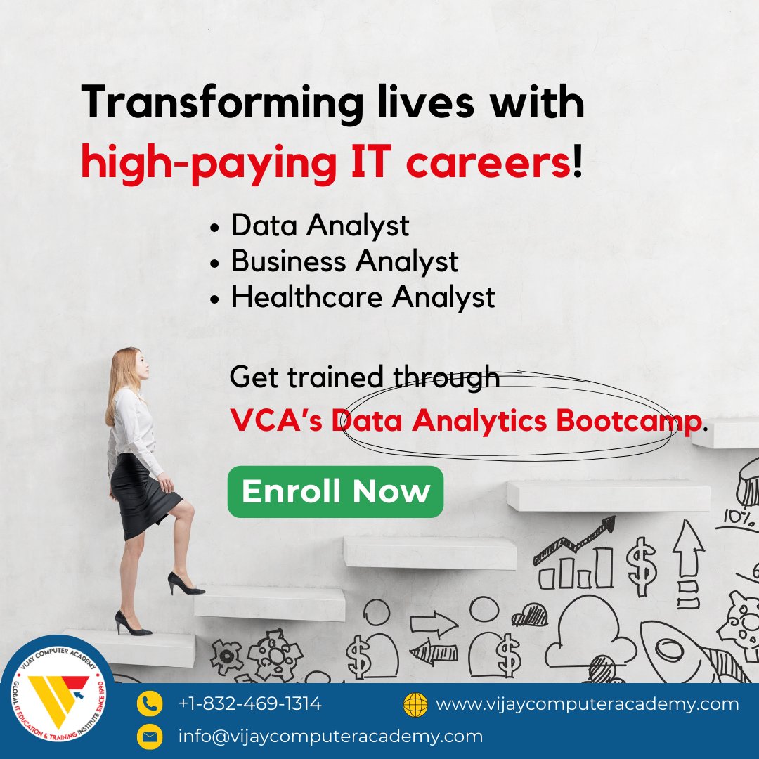 Get trained through VCA’s Data Analytics Bootcamp to become a: ✅Data Analyst ✅Business Analyst ✅Healthcare Analyst vijaycomputeracademy.com/inquiry-page/ #itskills #mycomputercareer #techgeek #gadgetlife #ittraining #ITeducation #techjobs #itcertification #techcareers