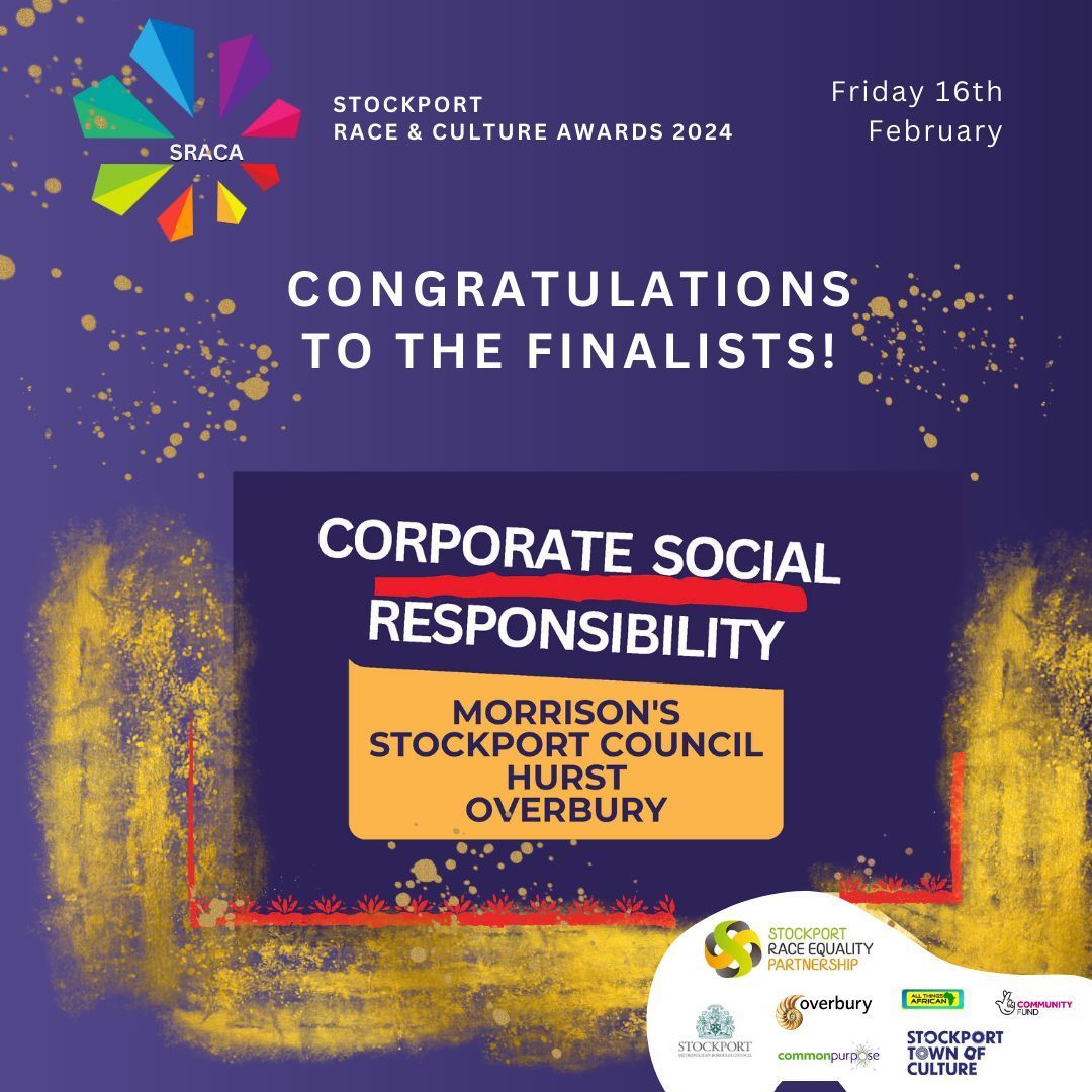 We are counting down to the Stockport Race and Culture Awards 2024 by sharing our award FINALISTS! 🌟 Please join us in congratulating our finalists in the Corporate Social Responsibility Award category! 🌟 ⏳7 days to go! 🎟️Get your tickets now buff.ly/4aF03d4