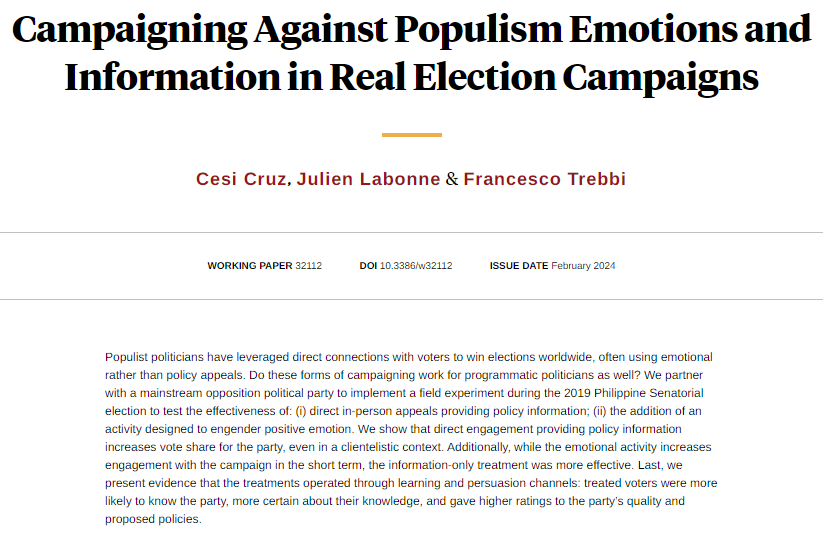 Using 2019 Philippine Senatorial election results to show that directly engaging voters and providing them with policy information increases vote share, from @cesicruz, @jblabonne, and @xftrebbi nber.org/papers/w32112