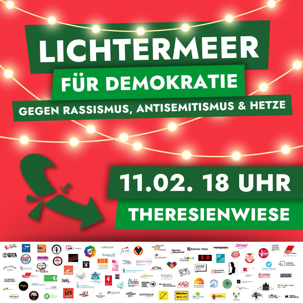 Aufstehen für unsere Demokratie!
München setzt nach der Großdemo vom 21. Januar erneut ein Zeichen für Demokratie und Menschenrechte: Am 11. Februar um 18 Uhr bilden wir ein Meer aus Licht gegen das Dunkel von Hass und Hetze, Rassismus und Antisemitismus!
#NieWiederIstJetzt