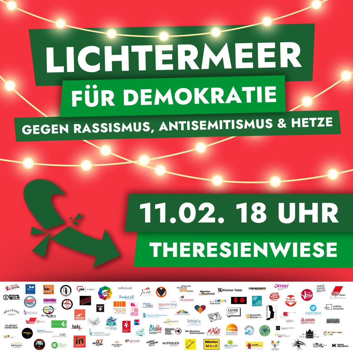 Aufstehen für unsere Demokratie! München setzt nach der Großdemo vom 21. Januar erneut ein Zeichen für Demokratie und Menschenrechte: Am 11. Februar um 18 Uhr bilden wir ein Meer aus Licht gegen das Dunkel von Hass und Hetze, Rassismus und Antisemitismus! #NieWiederIstJetzt