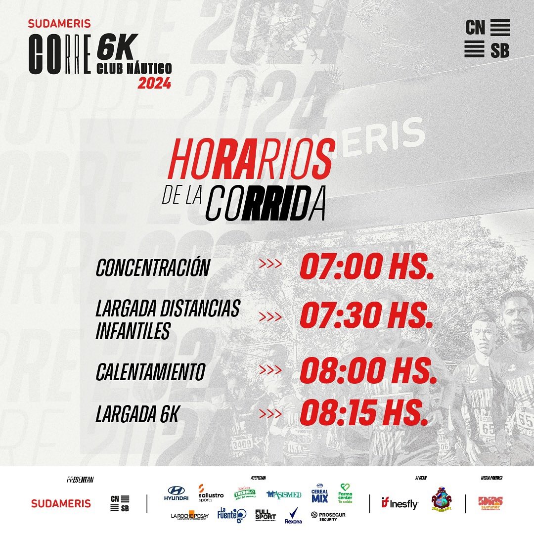 ¡A tener en cuenta!📣

Compartimos los horarios y actividades a realizarse en el Sudameris Corre 6K CNSB.🕐🏃🏻‍♂️

¡Te esperamos!👋🏻

📍Club Náutico San Bernardino.

#SudamerisPy #TodoUnBanco #SudamerisCorre #CNSB