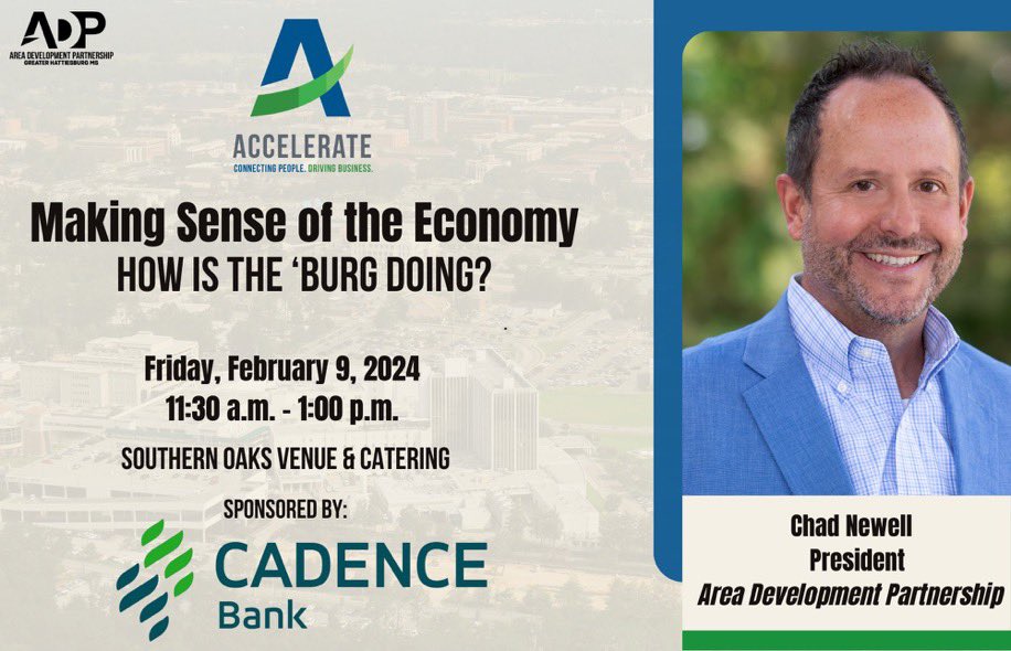 I’m speaking today at <a href="/ADPHattiesburg/">Area Dev Partnership</a> Accelerate Luncheon about the economy! All #ADP members and prospective members are welcome! Thanks to <a href="/CadenceBank/">Cadence Bank</a> for sponsoring! #EconomicUpdate #EconDev #Jobs #Prosperity #TheBurg