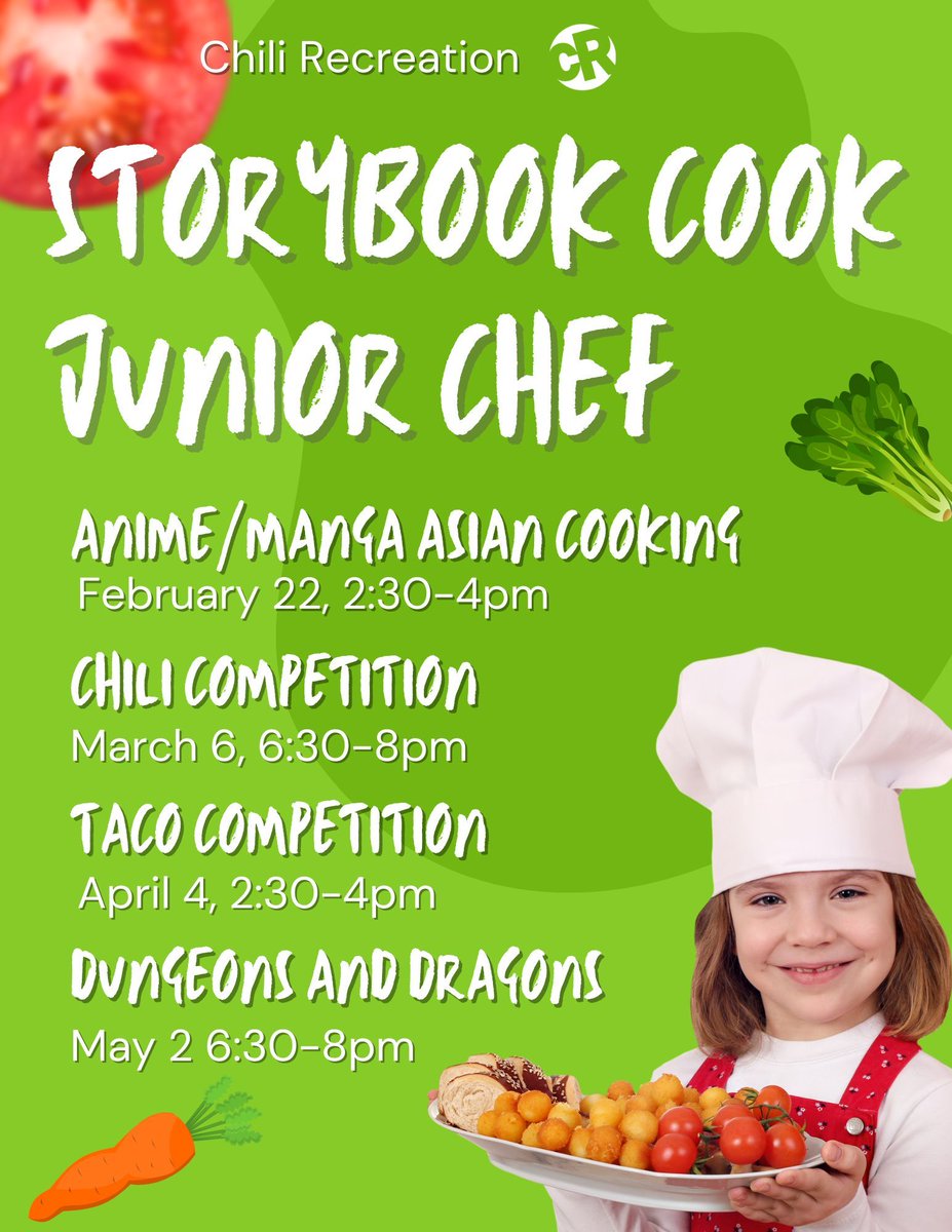 ChiliRecreation's tweet photo. Get your Junior Chef registered for these themed cooking classes with Miss Liz!

Click here: https://t.co/qVDW45sYOE https://t.co/Is3a11khBu