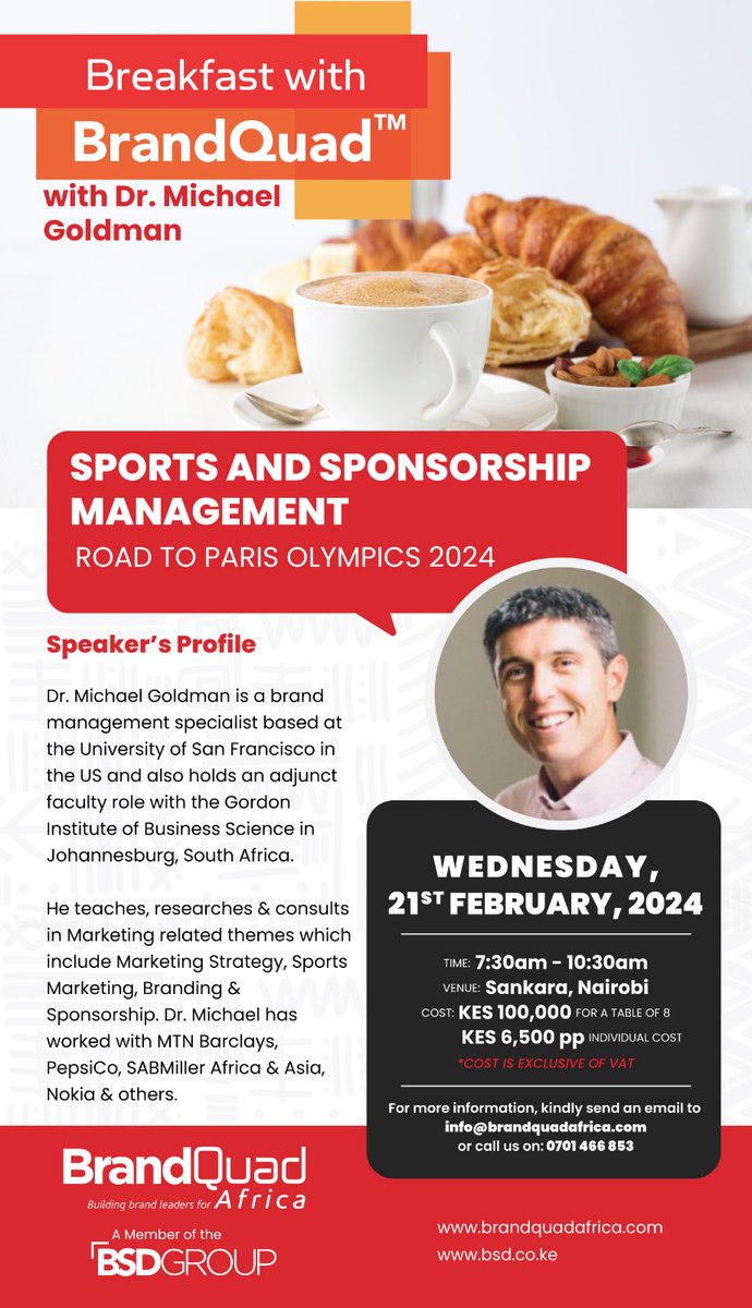 ntvkenya's tweet photo. SP: Join us for Breakfast with BrandQuad Africa for the Sports and Sponsorship Management clinic. Don’t miss out!
Sign up now: https://t.co/99UFNXUzsE
#SponsorshipManagementKE #SportsSponsorshipKE #SportsBrandingKE #BrandQuadAfrica #BSDGroup https://t.co/yM5Wu5L3hs