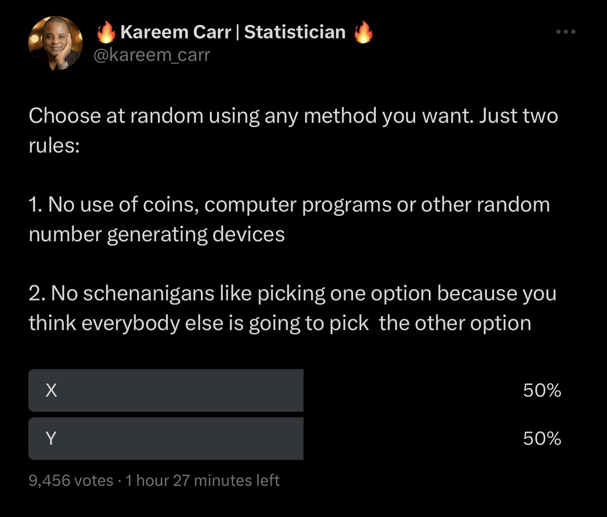 kareem_carr's tweet photo. It’s 9000+ and still basically 50:50. Let’s see if we can get the votes above 10k. Retweet the poll. https://t.co/NzuKDLoDPu