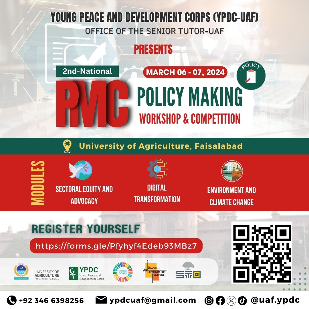 uaf_ypdc's tweet image. Exciting Announcement! 
Get ready for 2nd National Policy Making Competition do register yourselves in our exclusive modules:
forms.gle/Pfyhyf4Edeb93M…
Don't miss out on this opportunity
 to drive positive change!  #PolicyMaking #NationalCompetition #YouthLeadership